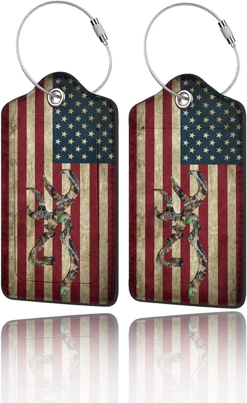 GACCAP 2 Pack Luggage Tags for Suitcase, Privacy Cover ID Label with Stainless Steel and Address Card for Travel Bag Backpack Cruise Ship Essentials Tag Women Men - Camo Deer American Flag - Image 1
